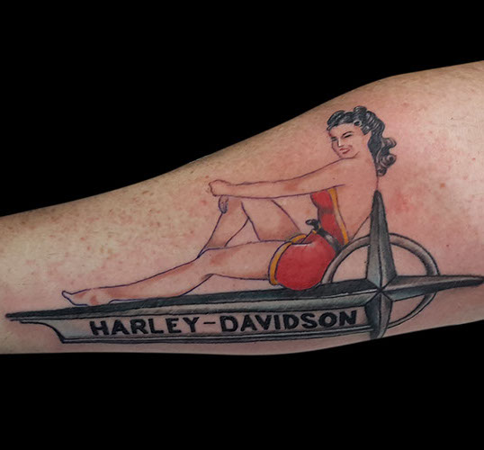 neo traditional pin-up harley davidson color in colour tattooed men