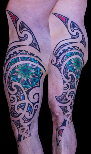 black colour maori moko mandala tattoo tattooed men thigh color ink colour 