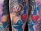 neotraditional tattoo woman blindfold heart dagger 