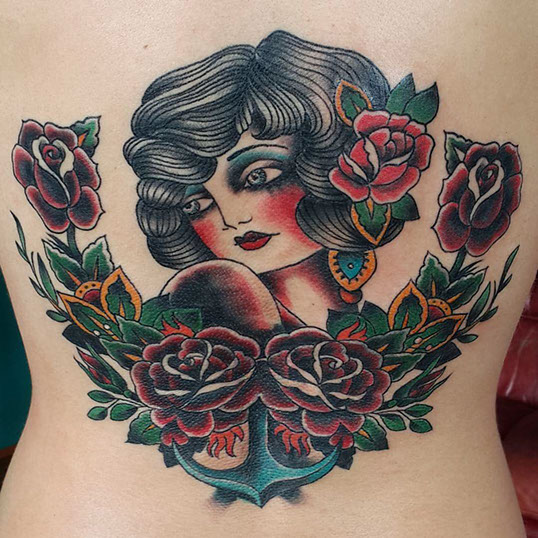 neo traditional woman roses anchor back color ink colour tattooed women