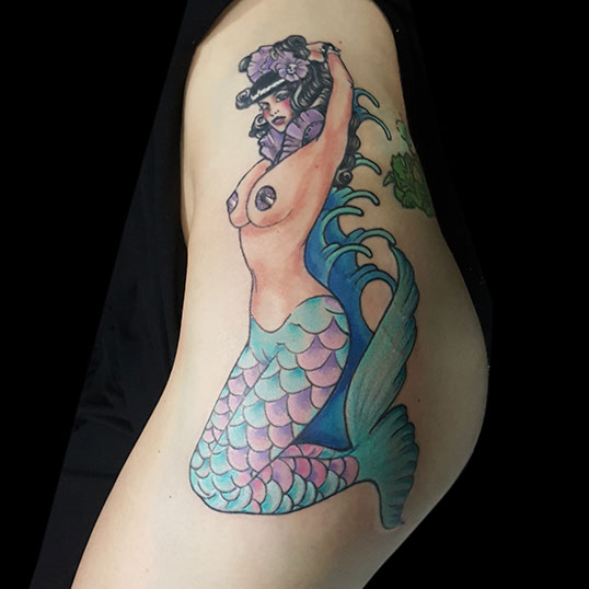 neo traditional mermaid tattoo tattooed women olivia thigh